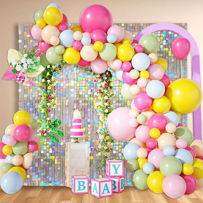 12PCS Colorful Shimmer Wall Backdrop, Square Sequin Photo Backdrops Panel, Glitter Wall Background for Birthdays, Weddings, Engagements, Baby Showers, Disco Bachelorette Party Decoration (3FTx4FT)