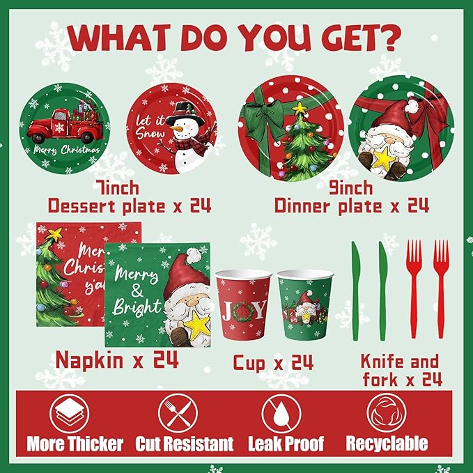 144Pcs Christmas Paper Plates and Napkins Disposable Gnome Snowman Christmas Dinnerware Set Red Green Xmas Dinner Plates Napkins Cups for Holiday Party Supplies Serves 24