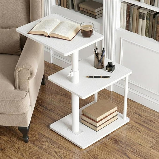 360° Swivel Side Table for Height Adjustable, C Shaped End Table for Couch with Storage, 3-Tier Night Stand with Open Shelf, Tv Tray for Small Spaces, Living Room, Bedroom, White