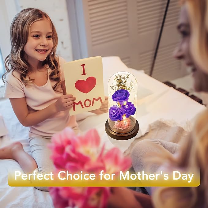 Preserved Flower Gift, Light Up Rose in Glass Dome, Eternal Forever Rose Flower Gifts for Her, Grandma, Mother’s Day, Valentine’s Day, Anniversary, Birthday, Christmas Decorations, Violet
