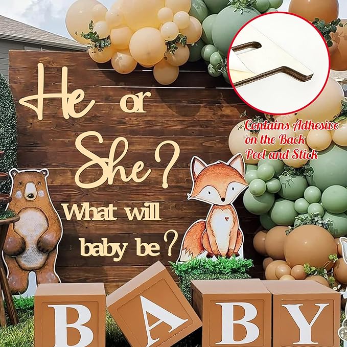 Large Wooden Gender Reveal Party Decor Backdrop Decals with 30 PCS Pink Blue Balloons He or She What Will Baby Be Balloon Arch Signs Colorable Boy or Girl Party Sticker Banner Baby Shower Photo Props