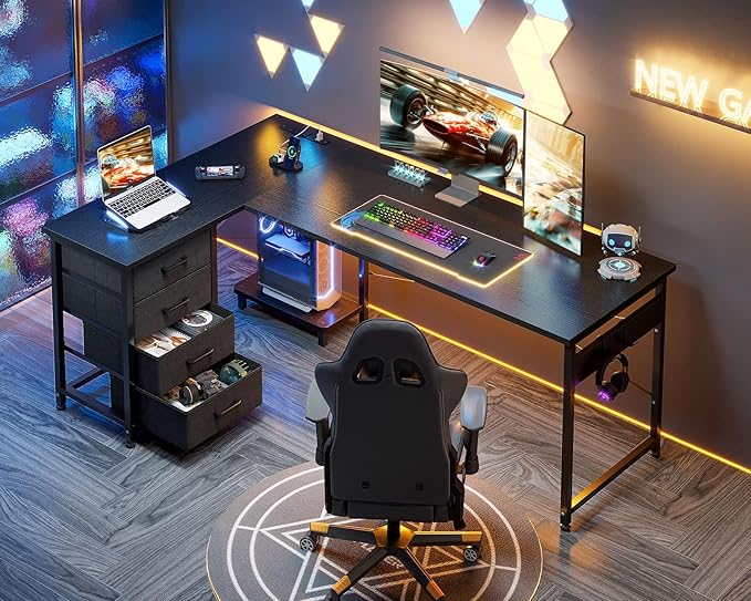AODK L Shaped Gaming Desk with 4 Drawers, 61" Reversible Home Office Desks with Power Outlets, L Shaped Computer Desk with USB Charging Port and Host Stand, Corner Desk, Easy to Assemble, Black