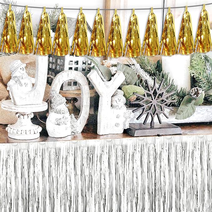 3P Gold Tassel Banner Garland Metallic Foil Fringe Banner Tinsel Tassels Streamer Banner Backdrop for Parade Floats, 2025 Graduation Decorations, Wedding Party Decoration