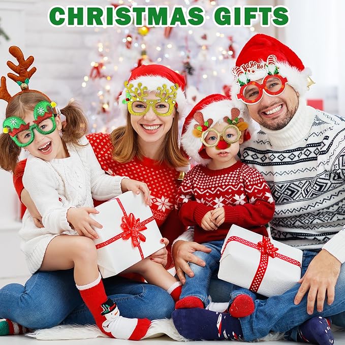 Christmas Glitter Glasses 6 Pack, Xmas Eyeglasses Frame Party Gifts Accessories - One Size Fits All, Holiday Party Favors Supplies Game Prizes, Christmas Decorations Photo Props for Costume