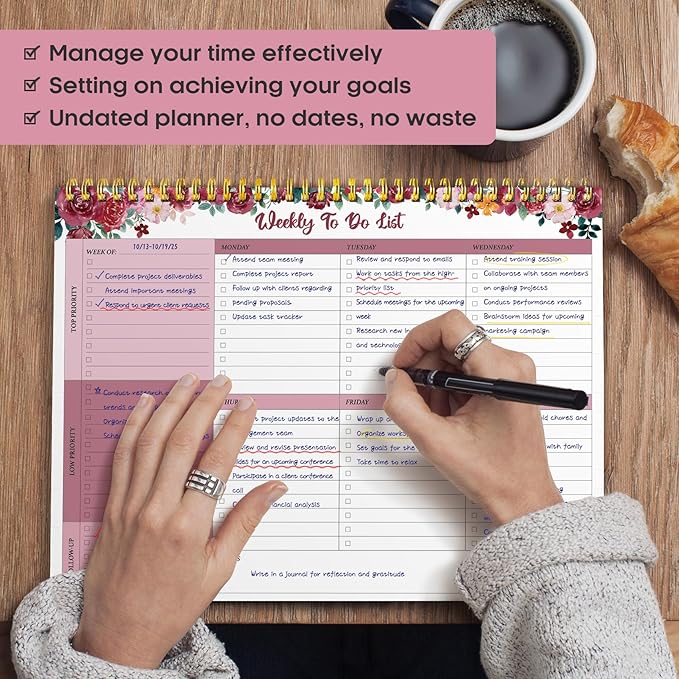 Taja Weekly To Do List Notepad with 52 Undated Sheets(8.5"×11")- Weekly Desk Planner for Women & Man, Work and Home - 1 Pack Crimson Garden