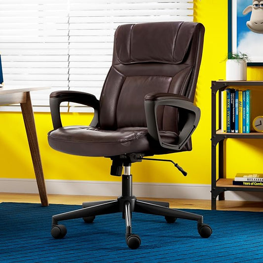 Serta® Hannah Executive Home Office Desk Chair, Ergonomic Mid-Back with Lumbar Support, Firm Seat Cushion, Layered Body Pillows, Padded Armrests, Swivel Base, Easy Assembly, Bonded Leather, Brown