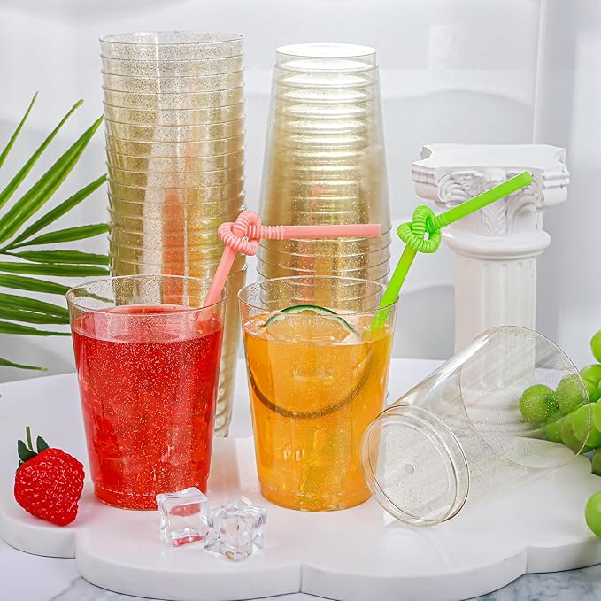 I00000 500pcs Gold Glitter Cups - 10 OZ Hard Plastic Disposable Cups for Cocktail and Drinking - Premium Party Cup with Gold Glitter Perfect for Thanksgiving Day and Birthday