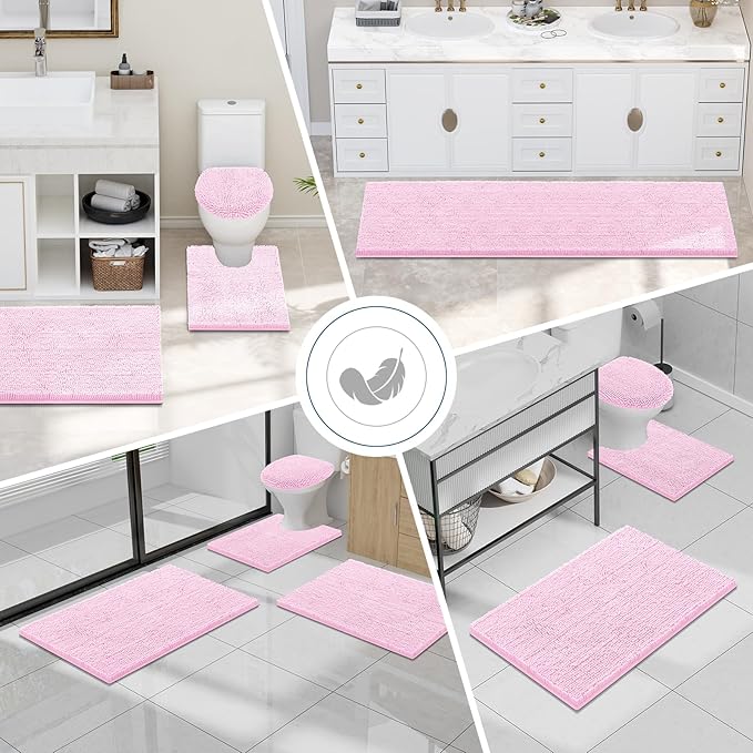 Smiry Luxury Chenille Bathroom Rugs 44x24, Extra Soft and Absorbent Shaggy Bath Mat, Machine Washable, Non-Slip Plush Carpet Runner for Tub, Shower, and Floor, Home Decor Accessories, Pink