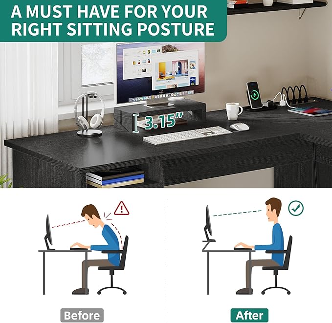 YITAHOME L Shaped Desk with Power Outlets, 60 Inch Computer Desk Corner Desk with File Drawer, Home Office Desk with Monitor Stand & Storage Shelves, L-Shaped Desk with File Cabinet, Black