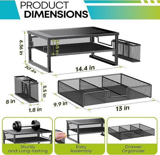 2 Tier Computer Monitor Stands with Drawer and 2 Pencil Holder, Metal Monitor Stand, Office Desk Accessories Workspace Desktop Organizers for Office Supplies, Black