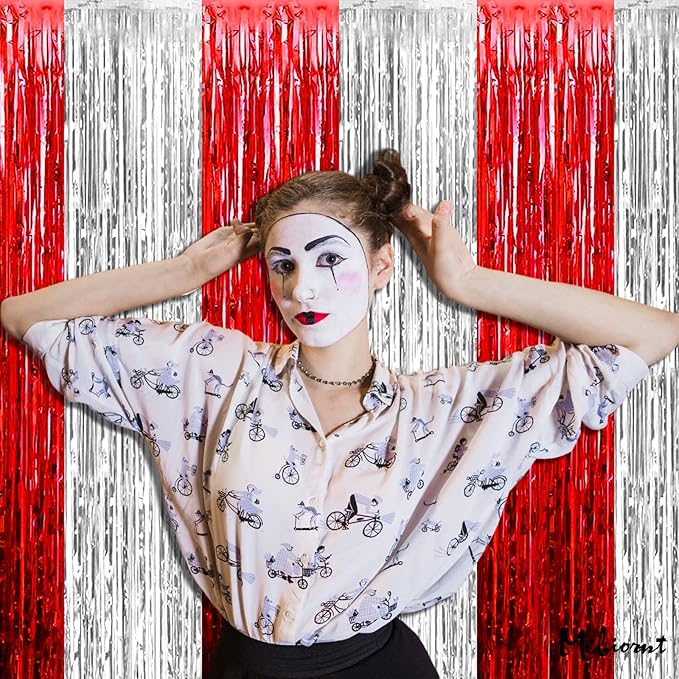 4 Pack 3.2Ft x 8.2Ft Red and Silver Fringe Curtain Backdrop, Metallic Tinsel Foil Fringe Streamers Curtains Background for Photo Booth Wedding Circus Welcome Carnival Birthday Party Decorations
