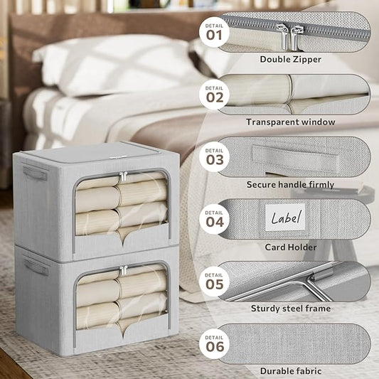 FHSQX 3 Pack Clothes Storage Bins Foldable Metal Frame Storage Box Extra Large Stackable Linen Fabric Organizer Set with Carrying Handles and Clear Window (Light Gray, 23.6x16.5x15.7inch(100L))