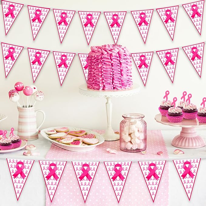100 FT Breast Cancer Awareness Decorations, 3 Pack Pre-assemble Pink Ribbon Pennant Banner Flags, 60 PCS Plastic Pennants Flags Indoor Outdoor Party Supplies Home Office Ceiling Wall Hanging Decor
