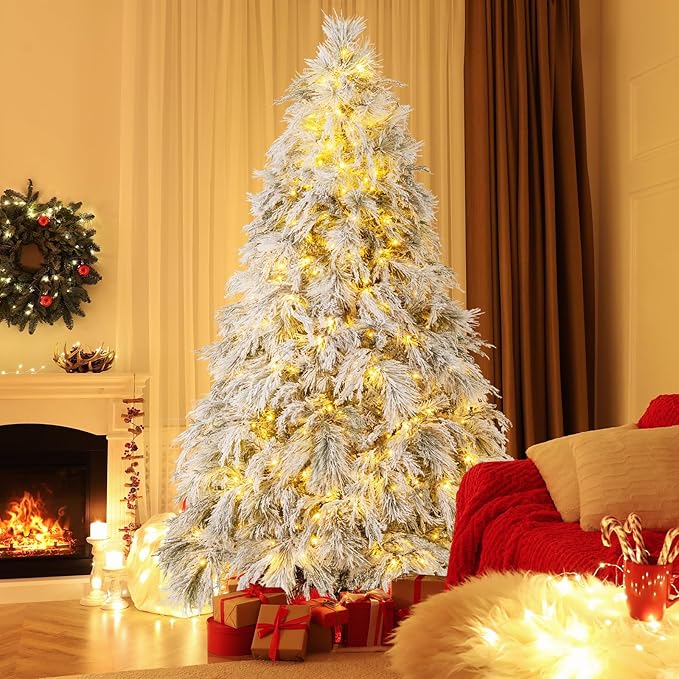 GOFLAME 7ft Pre-Lit Christmas Tree Snow Flocked, Hinged Artificial Xmas Tree with 743 Branch Tips, 320 Warm White LED Lights, Willow Leaves, Holiday Decoration Tree for Home Office Party