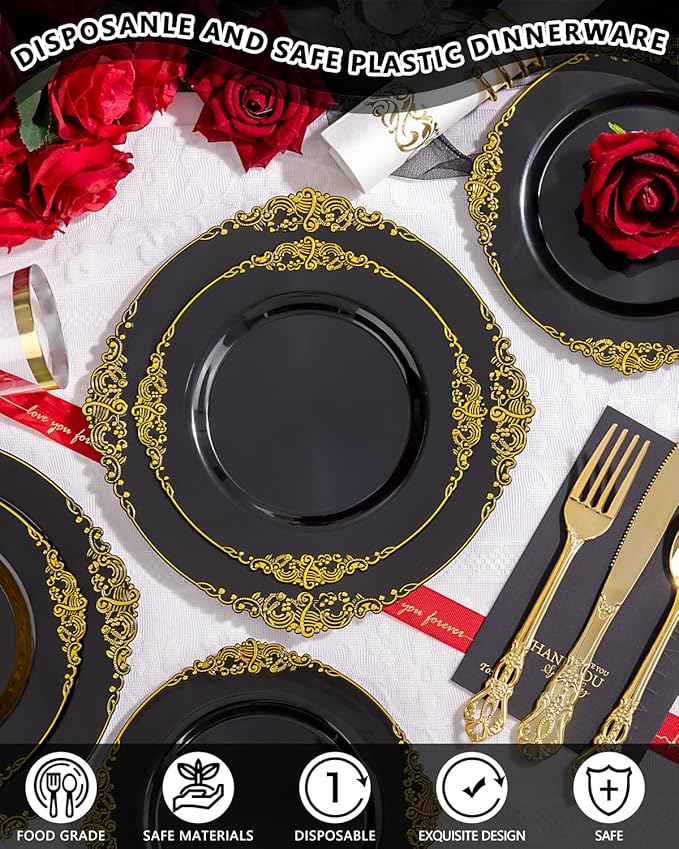 YOUBET 700PCS Black Plastic Plates - Black and Gold Plates - Gold Plastic Dinnerware Set Include 200 Disposable Plate, 300 Heavy Duty Silverware, 100 Cups, 100 Napkins for Wedding & Party New Year