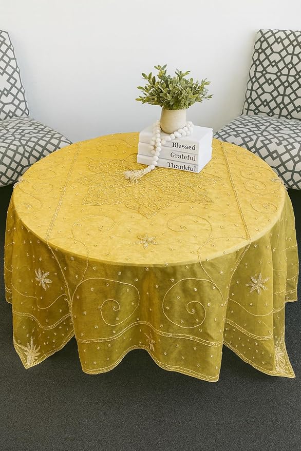 AK TRADING CO. Handmade Metallic Zari (Nakshi) Embroidered Silk Tissue Tablecloth – 60" Square | Luxury Handcrafted Decorative Table Cover for Home Décor, Weddings & Special Events (Gold, 60x60)