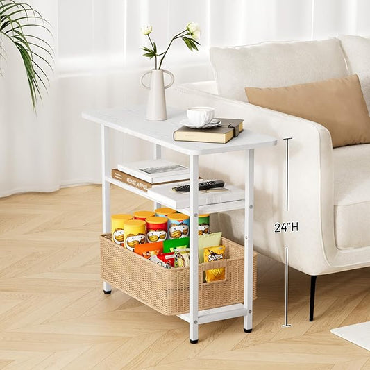 SLEEPING LAMB Side Table for Living Room, 3-Tier End Table for Small Space with Wide Storage Tabletop, Elegant White Narrow Nightstand for Bedroom, Sofa Couch