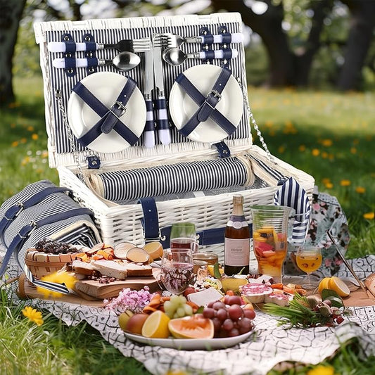 Picnic Basket for 4 Persons with Waterproof Picnic Blanket and Insulated Cooler, Large Wicker Picnic Basket for Camping, Outdoors, Valentine's Day, Christmas, Birthday, Wedding Gift