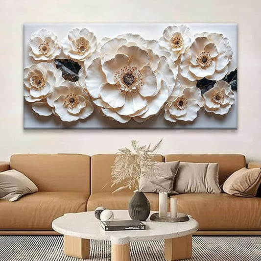 Large Wall Art For Living Room Floral White Wall Art Modern Canvas Art Wall Decor 29" X 58" Painting White Flower Wall Art Print Picture For Bedroom Home Office Decoration