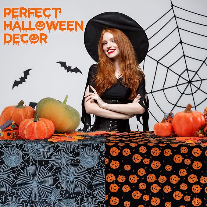 Halloween Tablecloth, 6-Pack Disposable Table Cloths, Pumpkins and Spider Web Plastic Covers, 54 x 108 Inches, Party Decorations