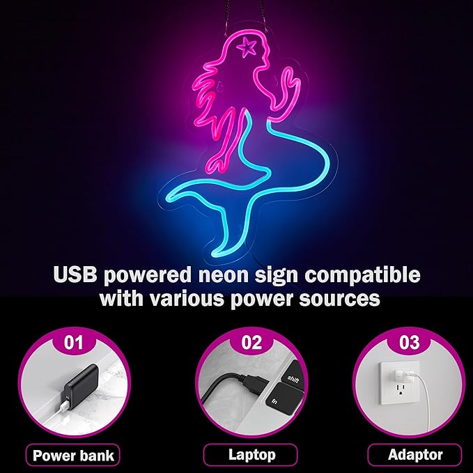 Mermaid Neon Sign for Wall Décor Dimmable LED Bar Beer Neon Light USB Powered Neon Art Signs Decor
