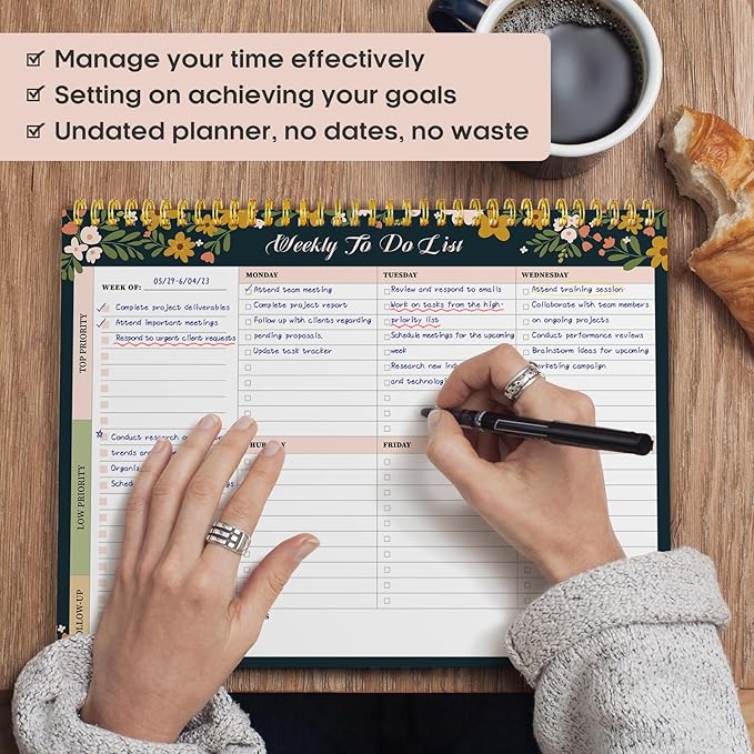 Taja Weekly To Do List Notepad with 52 Undated Sheets(8.5"×11")- Weekly Desk Planner for Women & Man, Work and Home - 1 Pack Rustic Floral