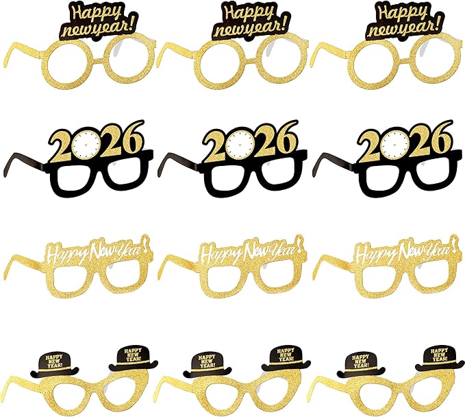 KatchOn, 2026 Glasses New Year Eve - Pack of 12 | Happy New Year Eyeglasses 2026 for New Years Eve Party Supplies 2026 | NYE Party Glasses | Happy New Years Decorations 2026 | NYE Sunglasses 2026