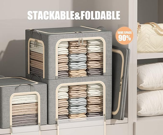 3 Openings Clothes Storage Bins with Metal Frame, Foldable Storage Bin for Clothes, Clothing Storage Bins with Lid, Linen Storage Box With Clear Window& Zippers& Durable Handles.(3 Pcs,Light Grey,40L)