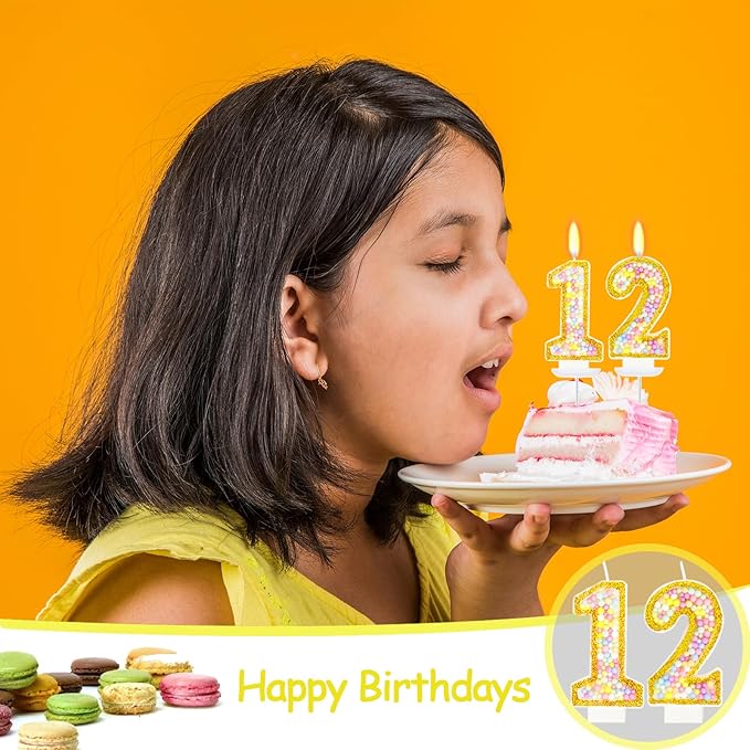 12th Birthday Candle for Cake, Colorful Macaron Numeral Candles for Boys/Girls, Birthday Party Cake Decorations, Golden Cake Topper for Birthday Party Supplies (Number 12)