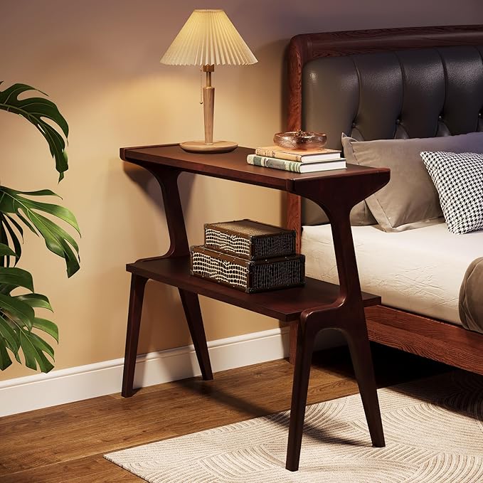 Tribesigns Set of 2 Wood Side Table, 2-Tier Narrow Tall End Table, Slim Side Table for Couch, Long Bedside Table for Bedroom, Living Room, Burgundy