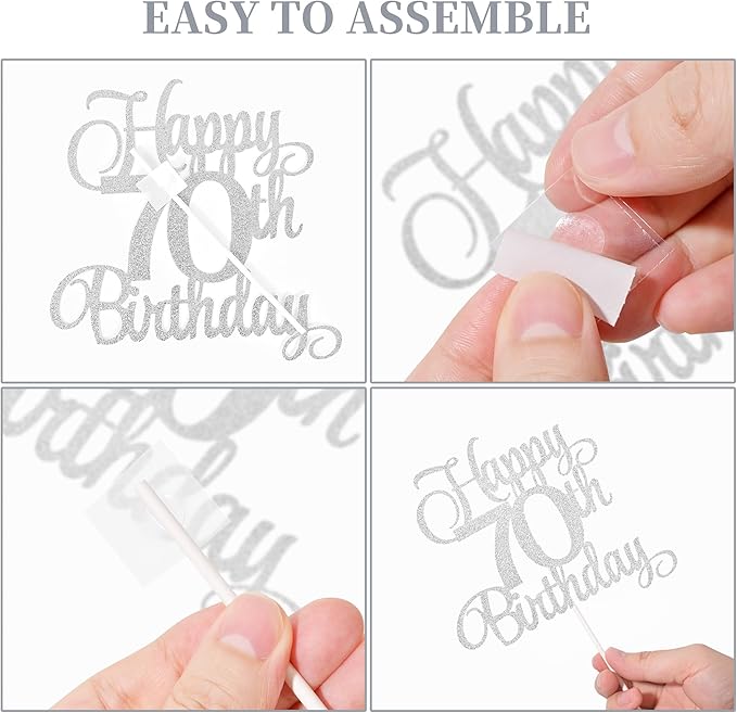 70th Birthday Cake Decorations, 70th Birthday Candles Cake Numeral Candles and Glitter Happy 70th Birthday Cake Toppers Set for Birthday Party Supplies (Silver)