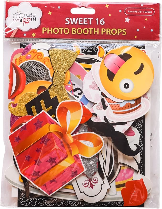 Sweet 16 Photo Booth Props - 41-pc Selfie Props with 8 x 10-Inch Sign, 60 Adhesive Pads, 45 Sticks - Sweet 16 Accessories - Photo Booth for Sweet 16-16th Birthday Photo Booth Props
