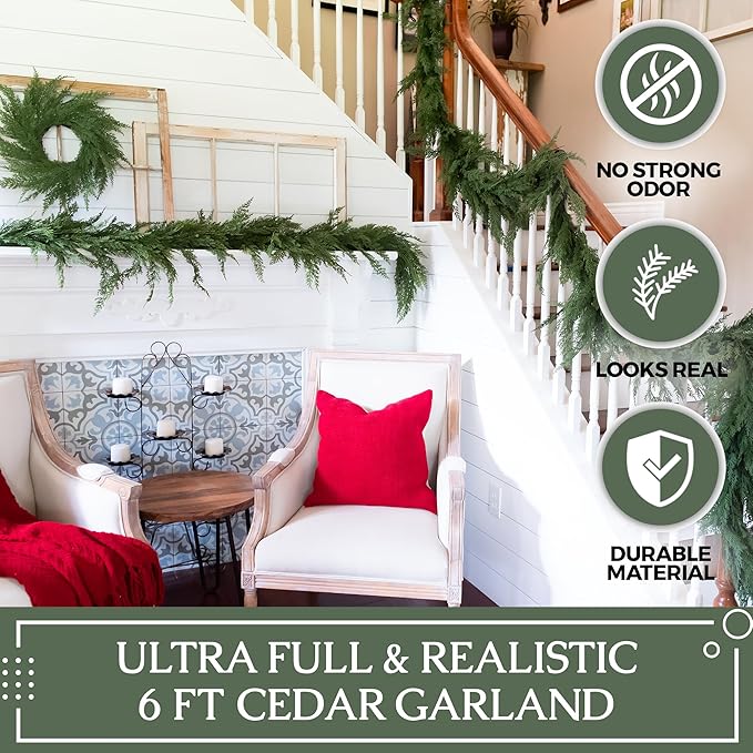 Real Touch Cedar Garland Artificial Realistic, Faux Cedar Garland Realistic, Realistic Christmas Garland for Mantle, Stairs, Table, Real Touch Garlands Fireplace (Extra Full, 6 Foot)