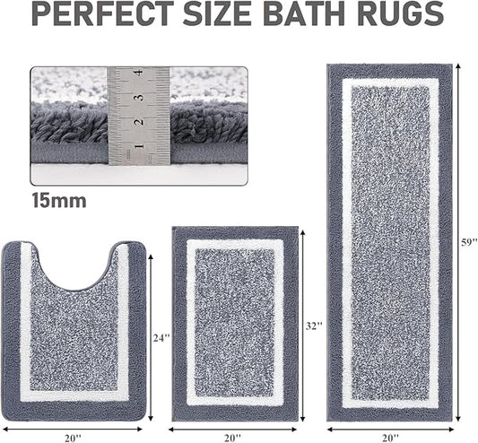 Pauwer Bathroom Rug Mat Set 3 Piece, Microfiber Shaggy Bath Set, Non-Slip Ultra Soft Carpet Mats, Absorbent with U-Shaped Toilet for Bathroom, Tub, Shower, Dark Grey