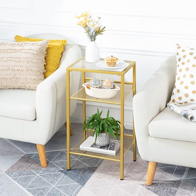 HOOBRO Gold Side Table, Tall Telephone End Table with Mesh Shelves, 3-Tier Nightstand with Tempered Glass Tabletop, for Living Room, Bedroom, Gold GD04DH01