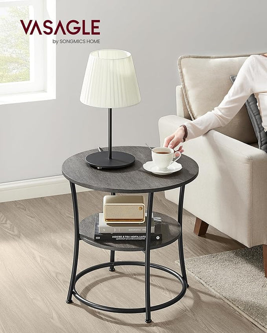 VASAGLE 21.7-Inch Round Side Table, 2-Tier End Table, Nightstand with Steel Frame, Spacious Top, for Small Spaces, Living Room, Bedroom, Misty Gray and Ink Black ULET056G68