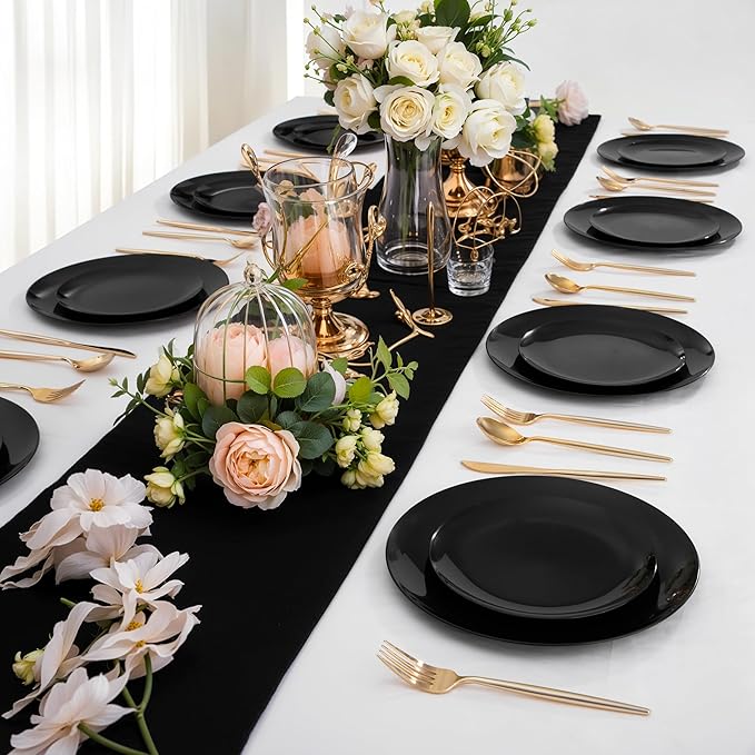 I00000 200 PCS Black Plastic Plates for 100 Guests Include: 10.25 inch 100 Pieces Dinner Plate and 7.5 inch 100 Pieces Dessert Plate, Premium Halloween Plastic Plates Perfect for Party & Halloween