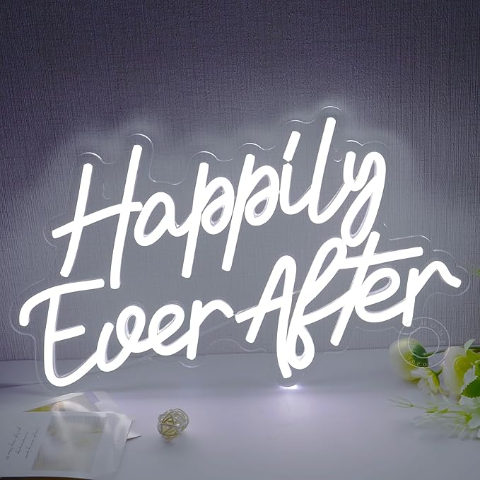 SYLHOME Happily Ever After LED Neon Light Sign Wedding Party Birthday Neon Art Wall Sign Decor USB Bedroom Home Bar Pub Decor Night Light 5V Cold White 15.8"X9.2"