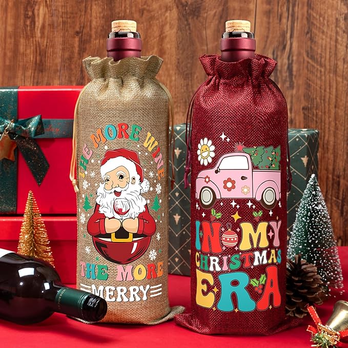 Aoonby 12PCS Burlap Wine Bags Christmas Wines Gift Bag, Drawstring Retro Christmas Bottle Cover Gift Bag w/Tag, Reusable Wines Bags for Bottles Gifts Wine Bottle Covers for Xmas Holiday Party Decor