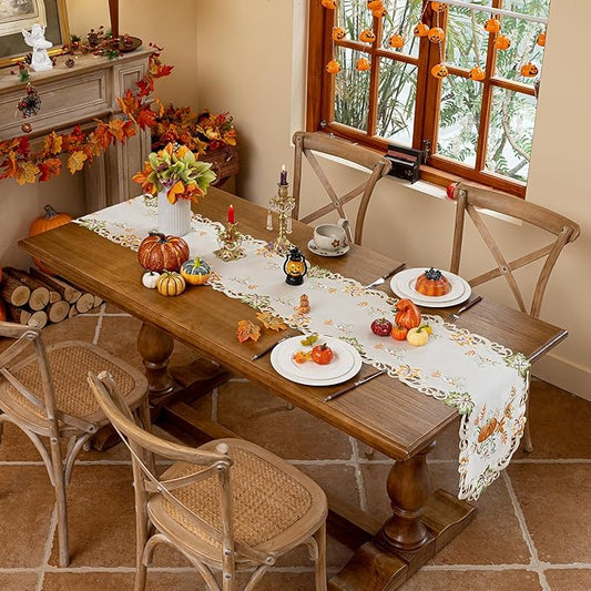 Joyfol Day Autumn Thanksgiving Table Runner 14 x 86 Inch, Cutwork Embroidered Pumpkin Maple Leaves Dresser Scarf, Seasonal Fall Table Runner for Kitchen Dining Harvest Party Decor