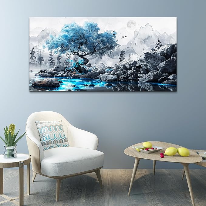 FUHUAHAI Canvas Wall Art For Living Room Framed Wall Decor For Bedroom Modern Office Decoration Black And White Ink Landscape Painting Blue Tree Wall Pictures Artwork Ready To Hang Home Decor 20x40