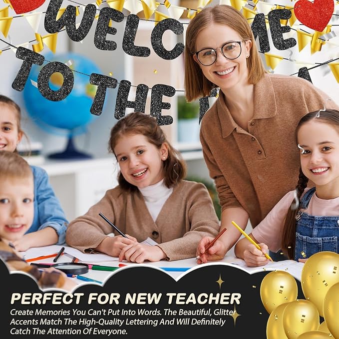 Fulmoon Pre Strung Welcome to The Team Banner with Two Heart Signs, NO DIY, Glitter Welcome Party Supplies for New Employee, Coworker, Colleague, Staff, Team Member Office Decorations(Black)