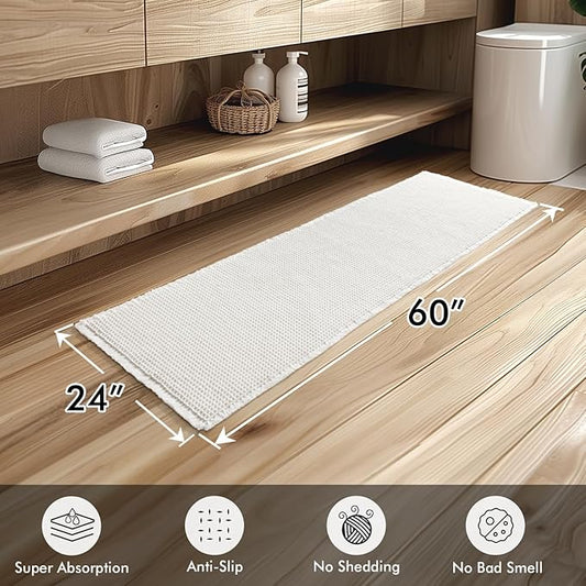 MIULEE Set of 2 Waffle Bathroom Runner Rugs, Boho Bath Rugs Non Slip Washable, Super Absorbent Runner Bath Mats, Rubber Backed Shower Mats for Hallway Bedroom Laundry Room, White, 2'x5'(24x60 Inch)