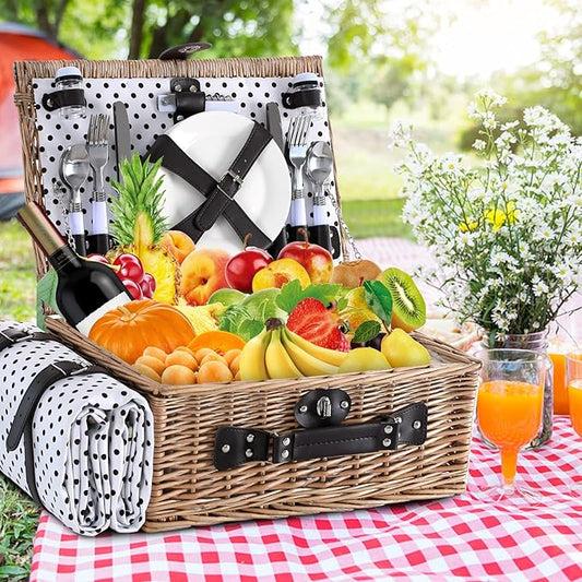 Picnic Basket for 4 Persons with Waterproof Picnic Blanket and Insulated Cooler, Large Wicker Picnic Basket for Camping, Outdoors, Valentine's Day, Christmas, Birthday, Wedding Gift