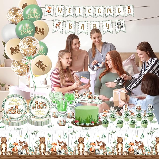 Woodland Baby Shower Decorations - Plates, Napkins, Cups, Cutlery, Cake & Cupcake Toppers, Banner, Hanging Swirls, Tablecloth, Balloons for Woodland Safari Birthday Party Decorations, Serve 24