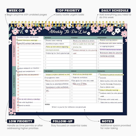 Weekly To Do List Notepad with 52 Undated Sheets(8.5"×11")- Undated Weekly Planner Notepad for Office Desk Accessories and Supplies - Navy Blossom