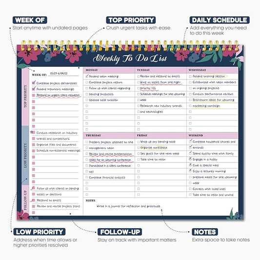 Taja Weekly To Do List Notepad with 52 Undated Sheets(8.5"×11")- Weekly Desk Planner for Women & Man, Work and Home - 1 Pack Twilight Petals