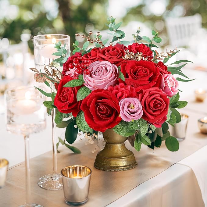 AGIRL Red Artificial Flowers Combo Fake Flowers Red Rose Silk Flowers Fake Floral Arrangements for DIY Wedding Bouquets Centerpieces Table Decor Baby Shower Home Decor