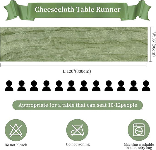 12 Pack Sage Green Cheesecloth Table Runner 10FT Long Boho Gauze Table Runner Rustic Sheer Runner for Wedding Bridal Baby Shower Birthday Party Table Decor Thanksgiving Christmas Decorations