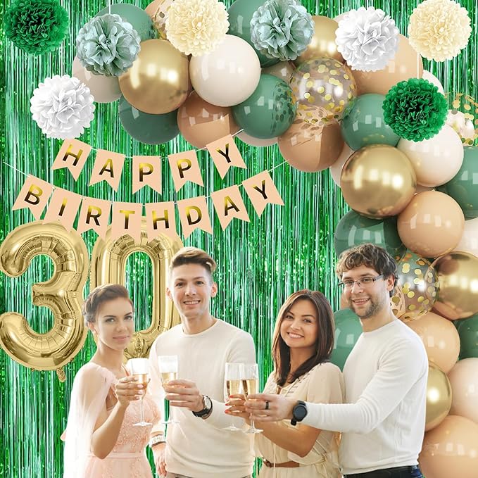 Sage Green 30th Birthday Decorations for Him Gold Number 30 Balloon Nude Gold Happy Birthday Banner Fringe Curtain Paper Pom Poms Olive Green Cream White Sand Star Foil Balloons Party Decor